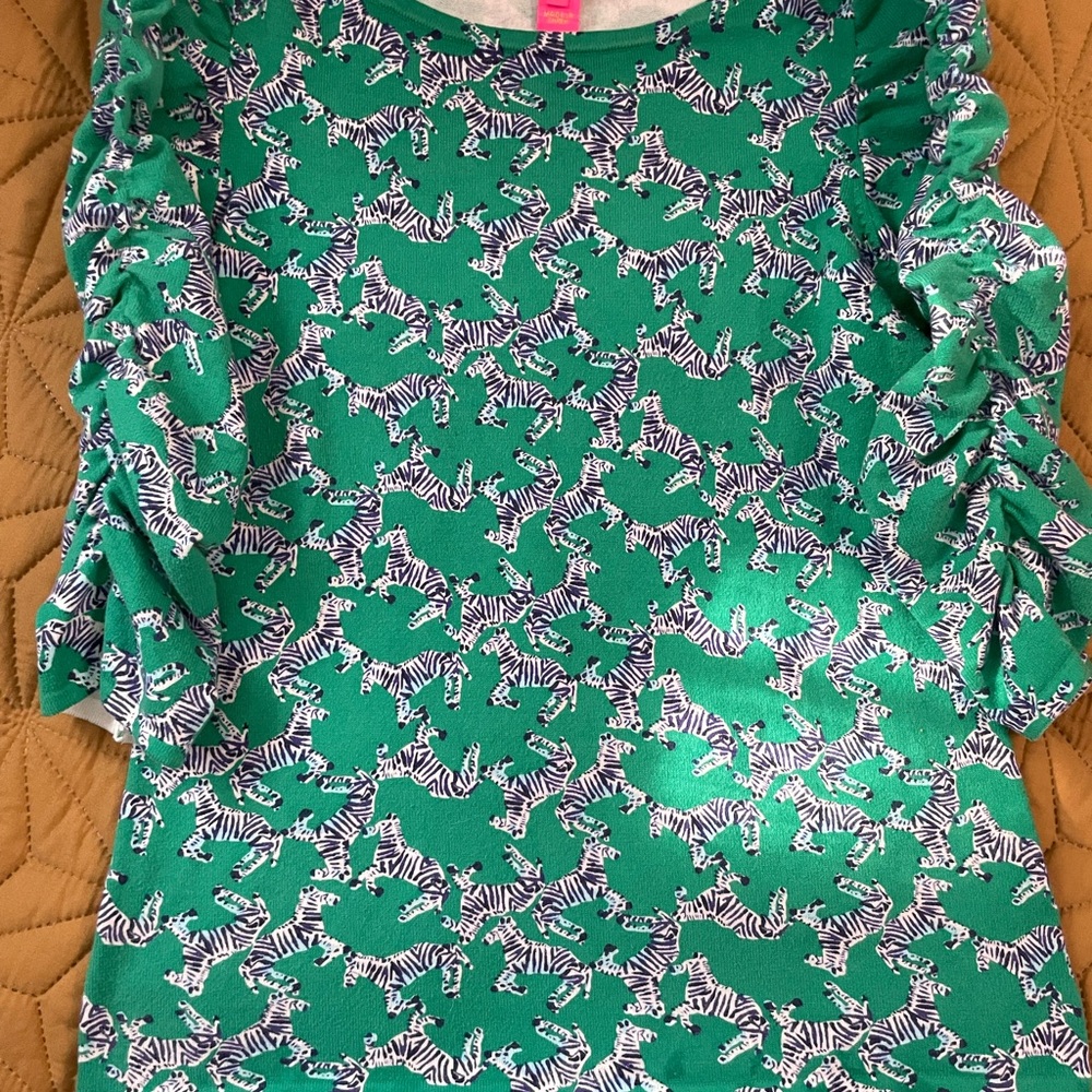 Lilly Pulitzer Green Rouched 3/4 Sleeve Blouse with Zebra Print